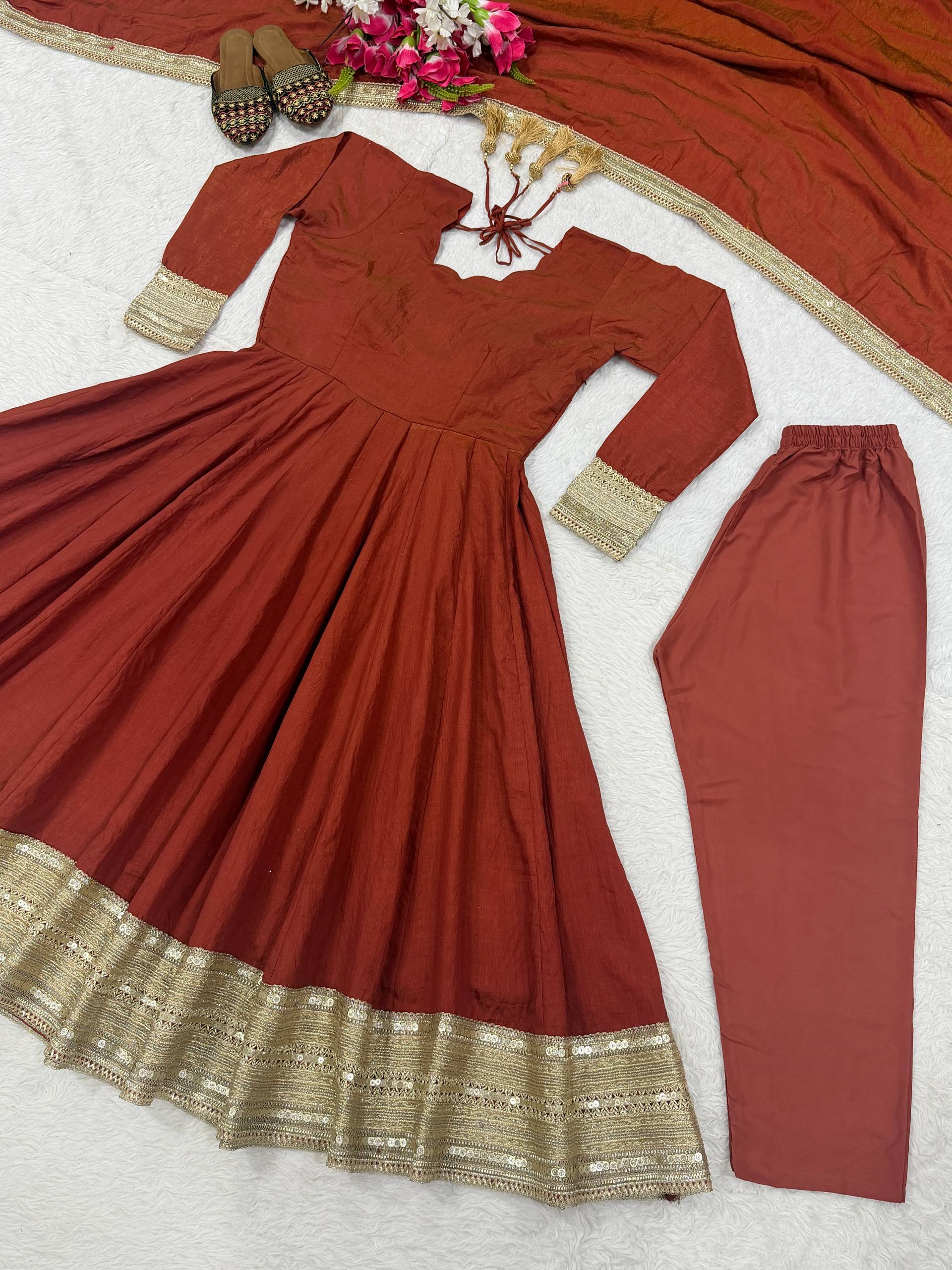 Regal Rust Orange Flared Anarkali Suit Set Featuring Ornate Gold Sequined Borders, a Scalloped Neckline, and an Elegant Tie-Up Back